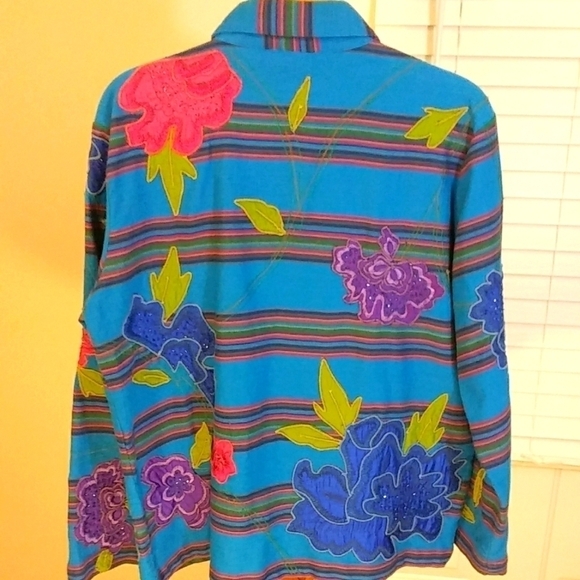 Chico's Blue Cotton Silk Flower Appliques Embroidered Beaded Size 2 Jacket Coat - Picture 5 of 7